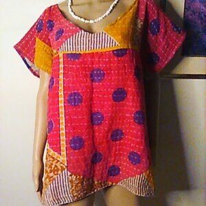Kantha "Breeze" Deep V Neck Top Red/Pink Reversible 2XL & Under Handmade New